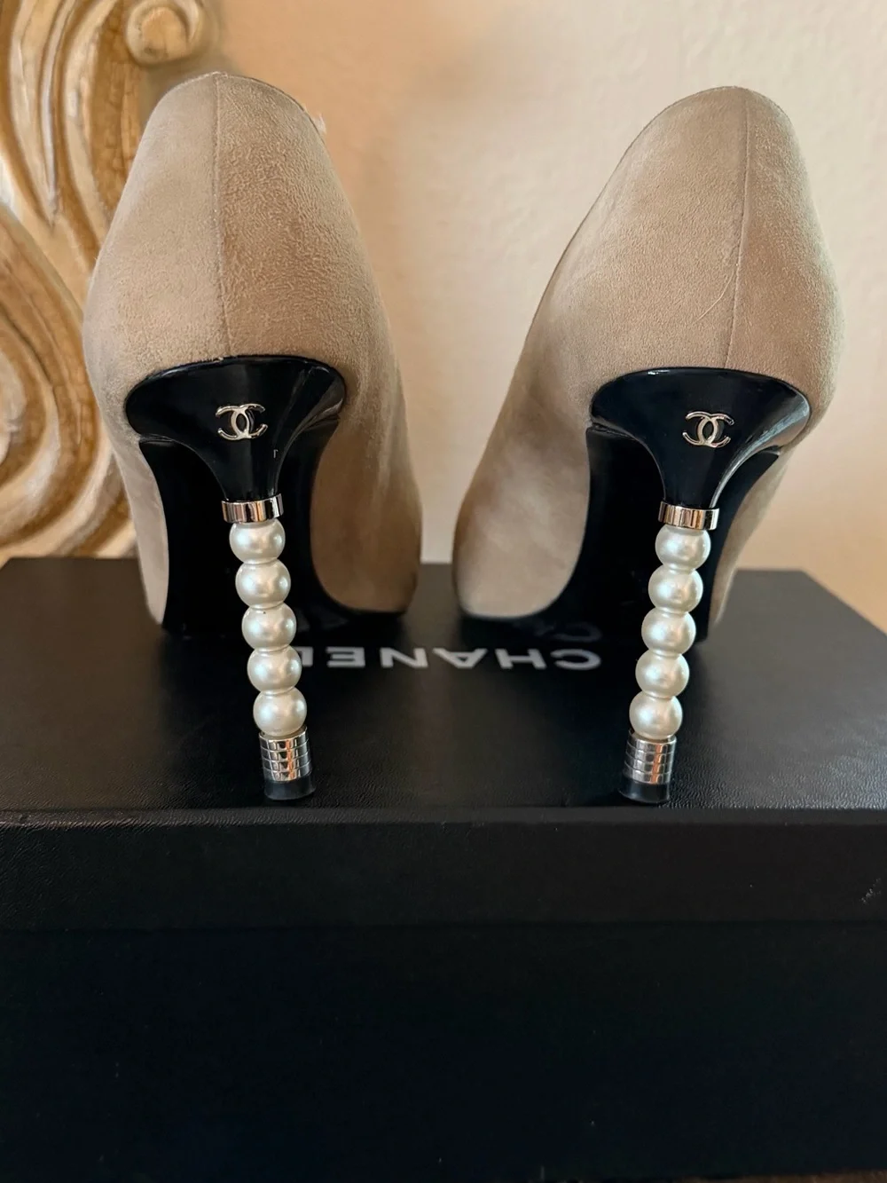 CHANEL Beige Suede Pumps with Black Patent Cap Toe and Pearl-Stack Heels
